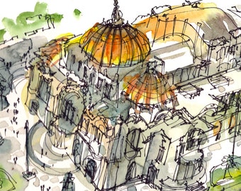 Art Deco Building gold dome, Mexico City, watercolor sketch gift for traveler - print in gold, green and grey