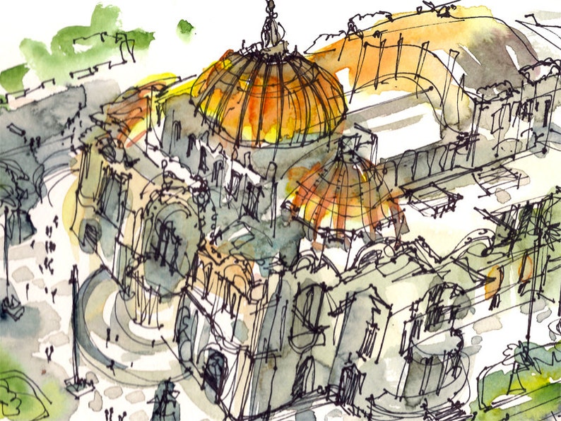 Art Deco Building gold dome, Mexico City, watercolor sketch gift for traveler print in gold, green and grey image 1