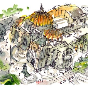 Art Deco Building gold dome, Mexico City, watercolor sketch gift for traveler print in gold, green and grey image 2