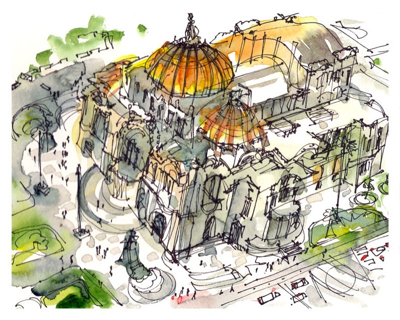 Art Deco Building gold dome, Mexico City, watercolor sketch gift for traveler print in gold, green and grey image 2