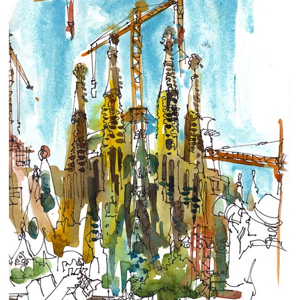 Sagrada Familia by Gaudi, Barcelona Cathedral- archival print from an original sketch
