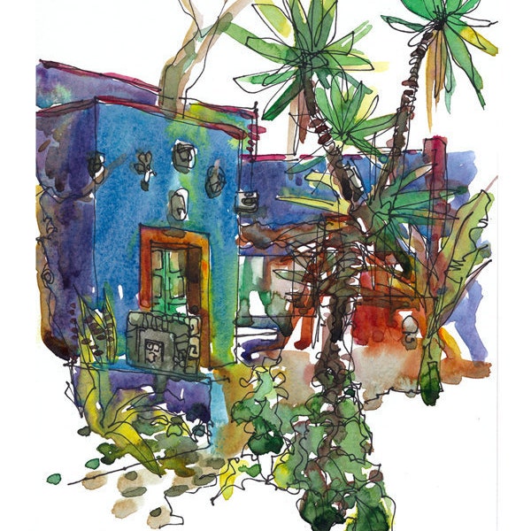 Frida Kahlo Art Blue House Mexico gift for traveller - 8x10 fine art print of an original watercolor sketch