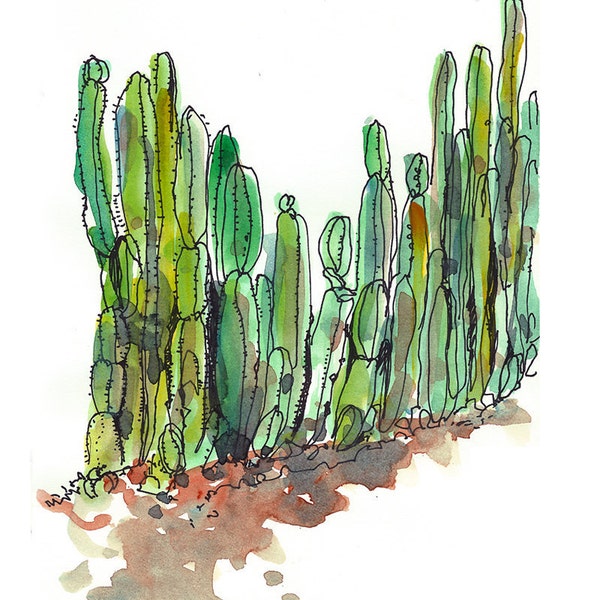Emerald Green Succulent sketch Cactus fence  - fine art print from an original watercolor sketch
