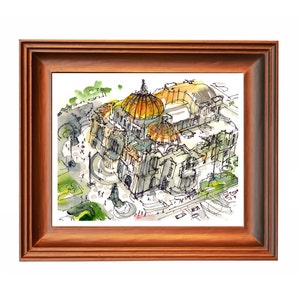 Art Deco Building gold dome, Mexico City, watercolor sketch gift for traveler print in gold, green and grey image 3