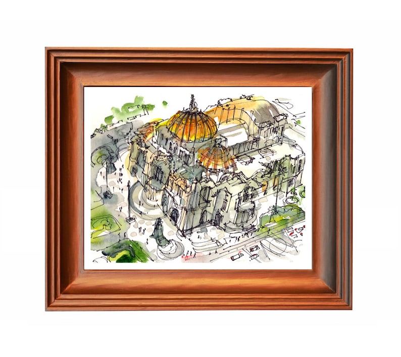 Art Deco Building gold dome, Mexico City, watercolor sketch gift for traveler print in gold, green and grey image 3