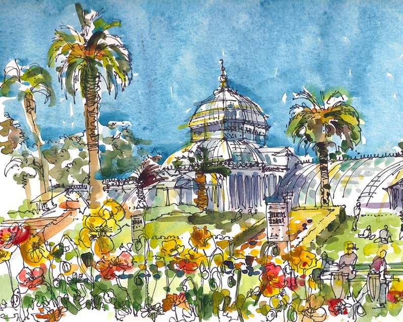 San Francisco Conservatory of Flowers, print of a watercolor sketch, fine art print image 1