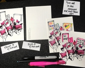 Set of 20 postcards: Women's March Postcards, Postcards for Democracy, Customizable Postcards, ALL PROFITS go to ACLU and Planned Parenthood