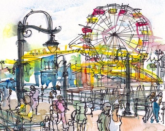 Santa Monica Pier, California, watercolor sketch in primary colors - archival print from an original watercolor sketch