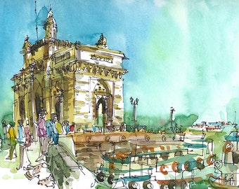 Mumbai sketch, Gateway of India, Bombay India print from an original watercolor sketch