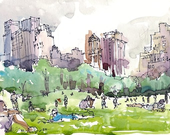 New York, Central Park watercolor sketch, Sheep Meadow a watercolor sketch in grey and green - archival art print