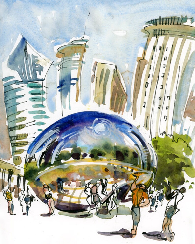 Chicago, The Bean, Cloud Gate, Chicago Art, Chicago Print , chicago skyline, watercolor, watercolor print, sketch, urban sketch, sculpture image 1