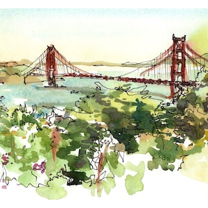 San Francisco Golden Gate Bridge California watercolor sketch  8x10 prints from an original sketch