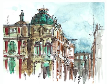 Emerald watercolor sketch, mexico City ,Turquoise dome, Architectural art urban art in copper and brick red - 8x10 print