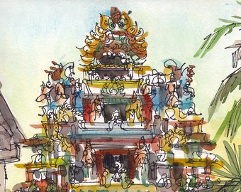 Sketch from India, travel art,  Indian temple gate, 8x10 fine art print form an original watercolor sketch