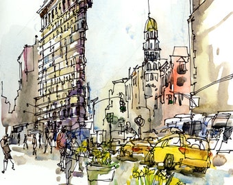 New York sketch , Flatiron Building, New York City Archival Print from a watercolor sketch