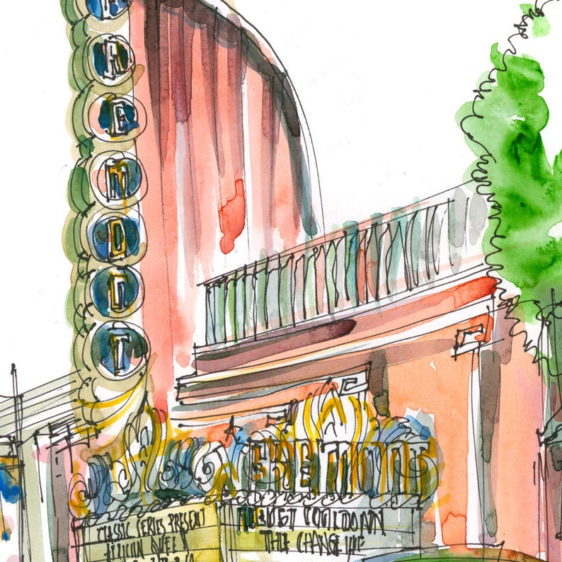 San Luis Obispo, Art Deco Theater, a watercolor sketch in dusty pink image 2
