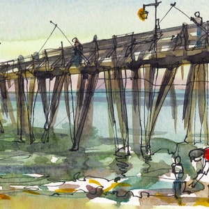 Summer beach, Capitola Beach, California watercolor sketch in blue, green and yellow archival print form an original watercolor image 2