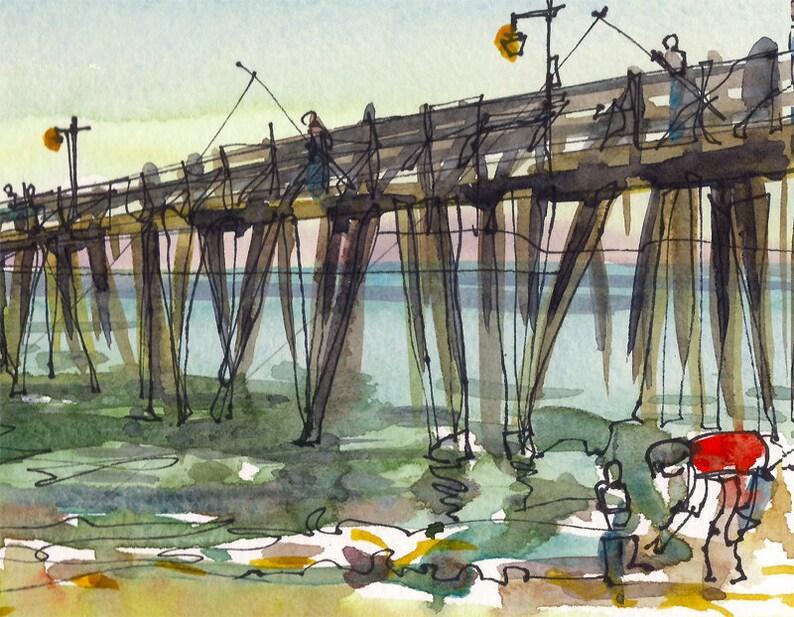 Summer beach, Capitola Beach, California watercolor sketch in blue, green and yellow archival print form an original watercolor image 2