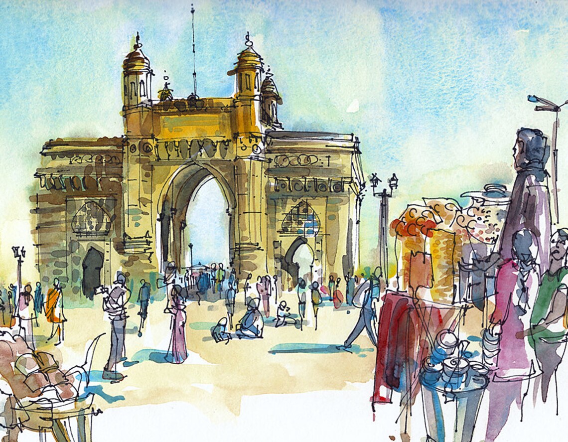 India Sketch Gateway of India Mumbai 8x10 Print of a Etsy