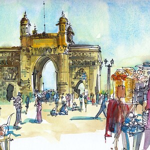 India sketch Gateway of India, Mumbai 8x10 print of a watercolor sketch image 2