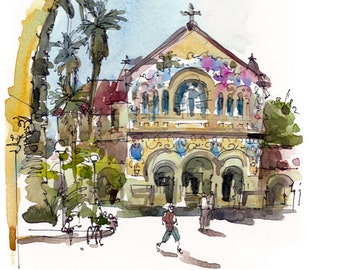 Graduation Gift  Gift for Grads Stanford Memorial Church, Palo Alto, California, a watercolor sketch - archival print