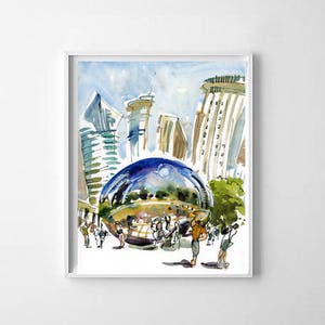 Chicago, The Bean, Cloud Gate, Chicago Art, Chicago Print , chicago skyline, watercolor, watercolor print, sketch, urban sketch, sculpture image 3