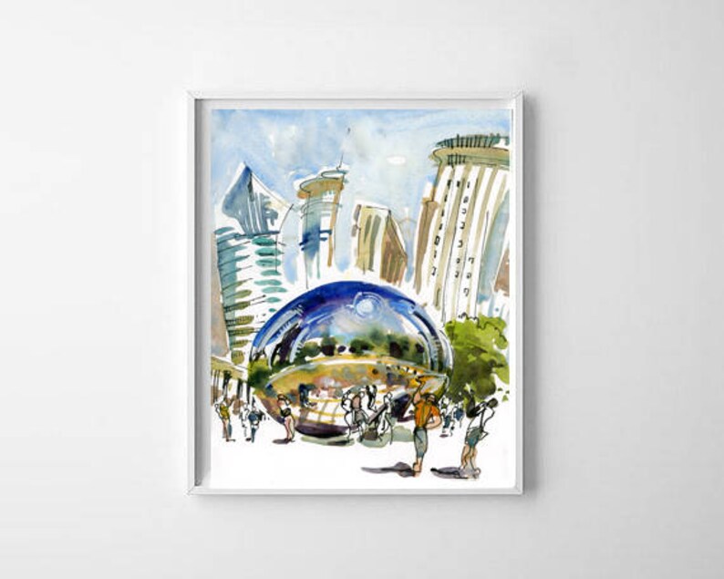 Chicago, The Bean, Cloud Gate, Chicago Art, Chicago Print , chicago skyline, watercolor, watercolor print, sketch, urban sketch, sculpture image 3