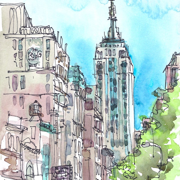 New York sketch  Empire State, New York City Art Print from a watercolor sketch archival print