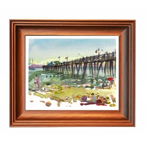 Summer beach, Capitola Beach, California watercolor sketch in blue, green and yellow archival print form an original watercolor image 3