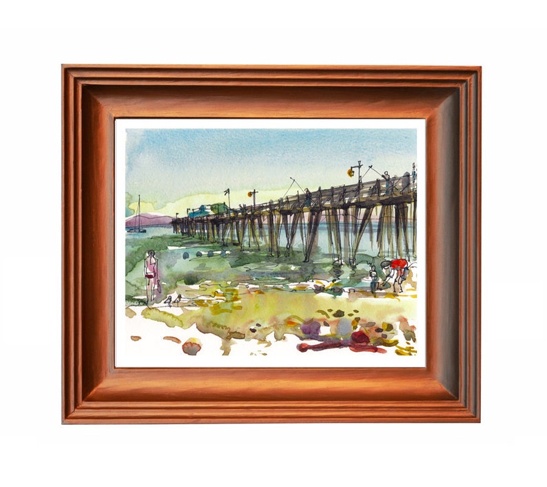 Summer beach, Capitola Beach, California watercolor sketch in blue, green and yellow archival print form an original watercolor image 3