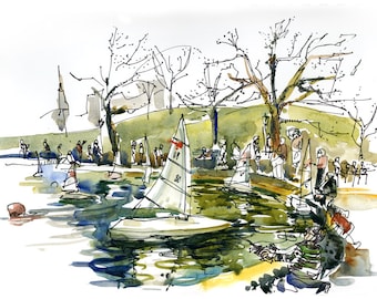 New York, Central Park watercolor sketch, Kerbs Boathouse, Stuart Little Sailboat spot - art print from a sketch