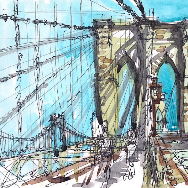 Brooklyn Bridge New York sketch watercolor sketch in blue, yellow and grey  archival art print from an original watercolor sketch