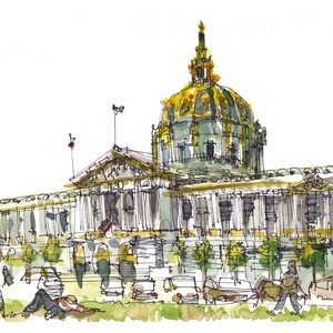 San Francisco City Hall print van een aquarelschets in goud, grijs en groen