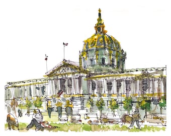 San Francisco City Hall print from a watercolor sketch in gold, grey and green