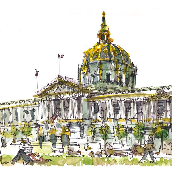 San Francisco City Hall print from a watercolor sketch in gold, grey and green