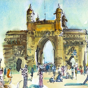 India sketch Gateway of India, Mumbai 8x10 print of a watercolor sketch image 1