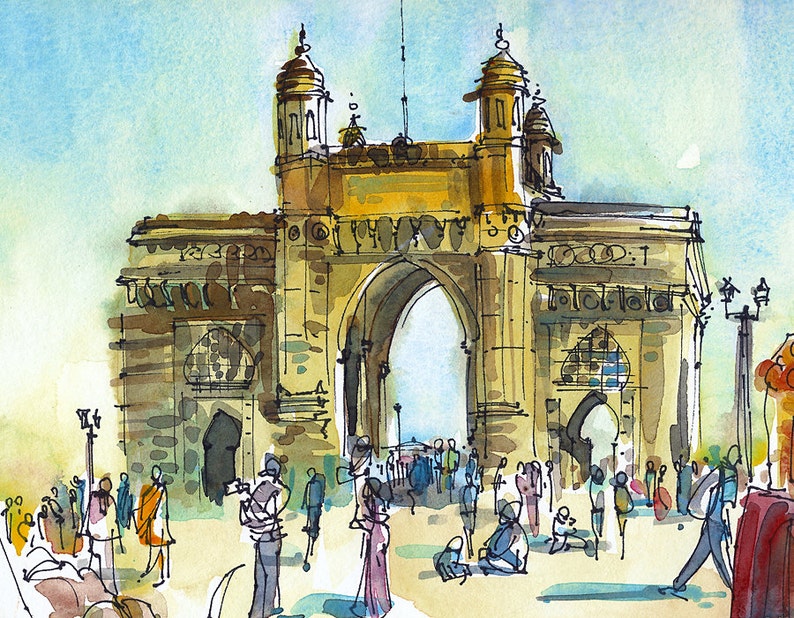 India sketch Gateway of India, Mumbai 8x10 print of a watercolor sketch image 1