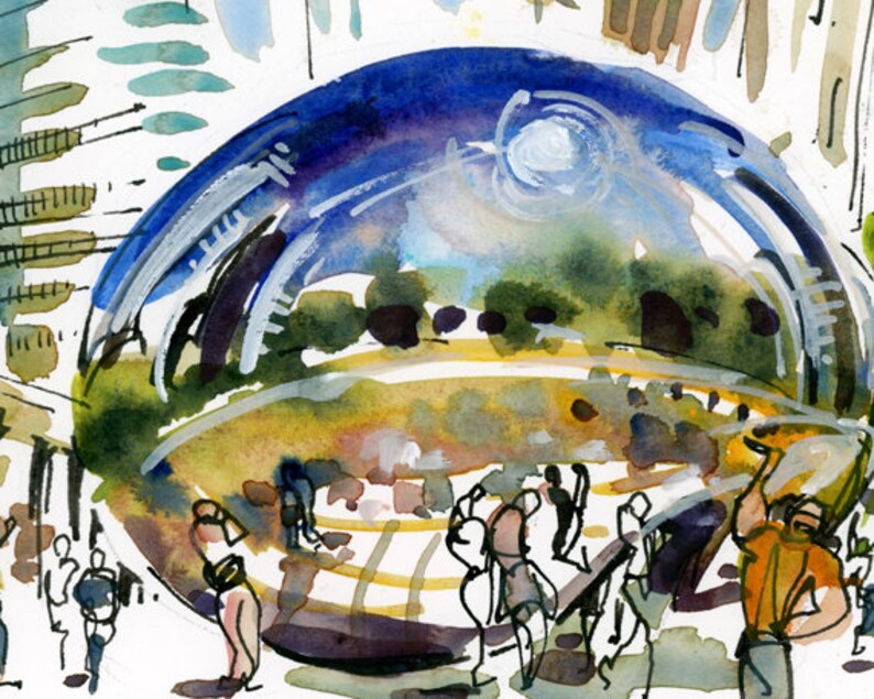 Chicago, The Bean, Cloud Gate, Chicago Art, Chicago Print , chicago skyline, watercolor, watercolor print, sketch, urban sketch, sculpture image 2