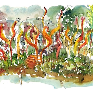 Chihuly in Seattle, watercolor sketch of glass sculpture fine art print in vibrant reds and oranges image 1