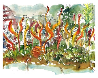 Chihuly in Seattle, watercolor sketch of glass sculpture - fine art print in vibrant reds and oranges