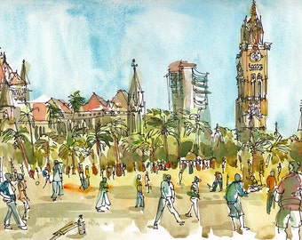 India sketch, Cricket in Mumbai  : print from an original watercolor sketch