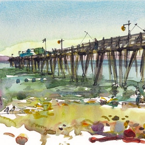 Summer beach, Capitola Beach, California watercolor sketch in blue, green and yellow archival print form an original watercolor image 1