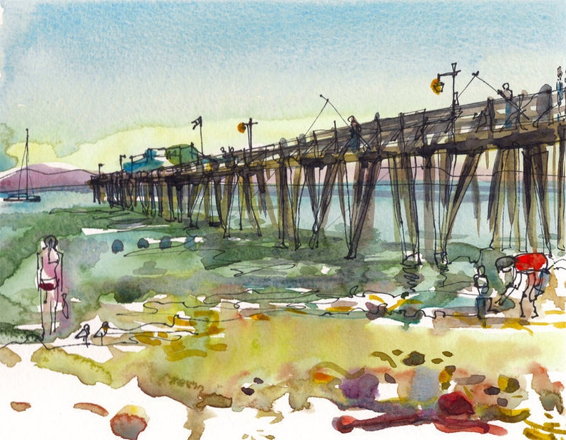 Summer beach, Capitola Beach, California watercolor sketch in blue, green and yellow archival print form an original watercolor image 1