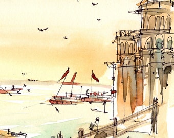 India, Varanasi, Afternoon Light on the River, watercolor sketch in warm tones archival print from a watercolor sketch