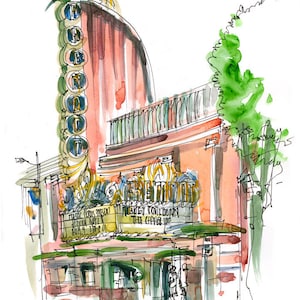 San Luis Obispo, Art Deco Theater, a watercolor sketch in dusty pink image 1