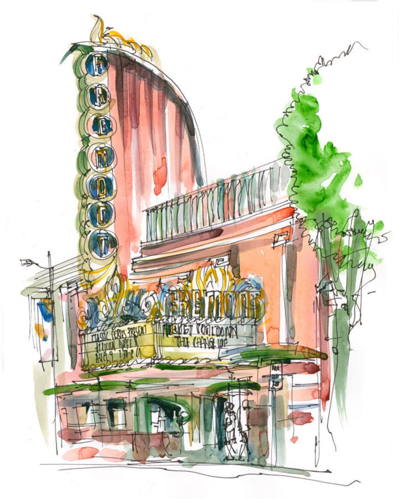 San Luis Obispo, Art Deco Theater, a watercolor sketch in dusty pink image 1