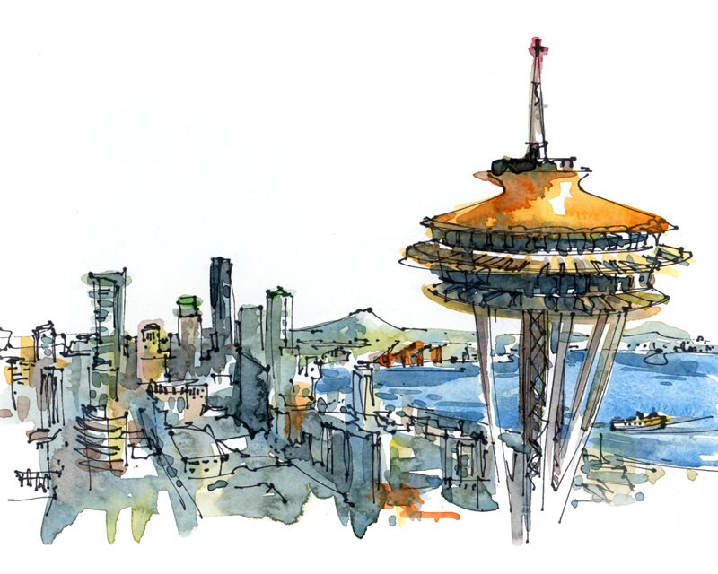 Seattle Moonlit Skyline Wooden Bookmark - Handmade USA With Suede Tassel - Personalizable