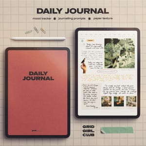 Könnte beinhalten: Zwei digitale Tablets, eines mit einem "DAILY JOURNAL" mit Eingabeaufforderungen und das andere mit handschriftlichen Notizen und Illustrationen. Das Bild enthält auch einen Bleistift, Büroklammern und die Wörter "mood tracker" und "paper texture".