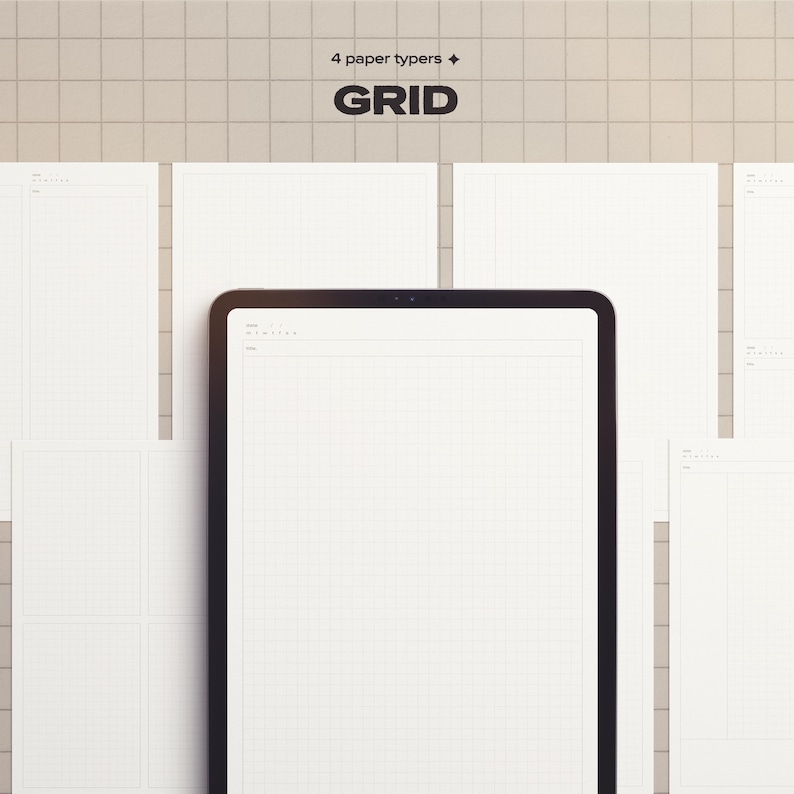 May include: A digital tablet and several sheets of white grid paper are displayed against a neutral background. The tablet screen is blank, and the paper has a faint grid pattern. The text "4 paper typers + GRID" is at the top.