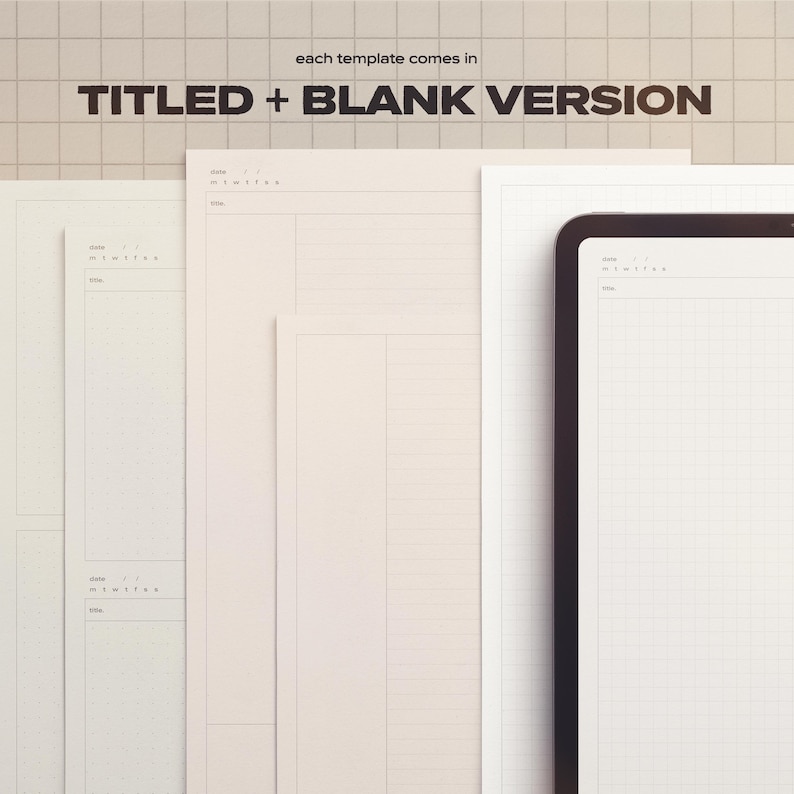 May include: A collection of blank and titled paper templates in various sizes. The templates include lined and grid paper, with space for the date and title. The text "each template comes in TITLED + BLANK VERSION" is displayed at the top.